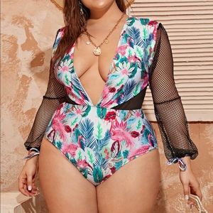 Fishnet Sleeve Tropical One Piece Swimsuit